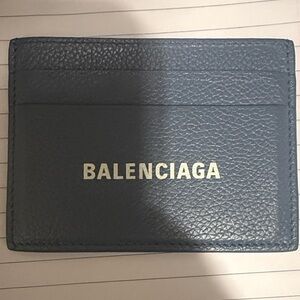 Balenciaga Navy Textured Leather Card Holder with Gold Logo